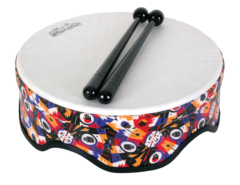 multicolored Rhythm Tech rally drum with black mallets